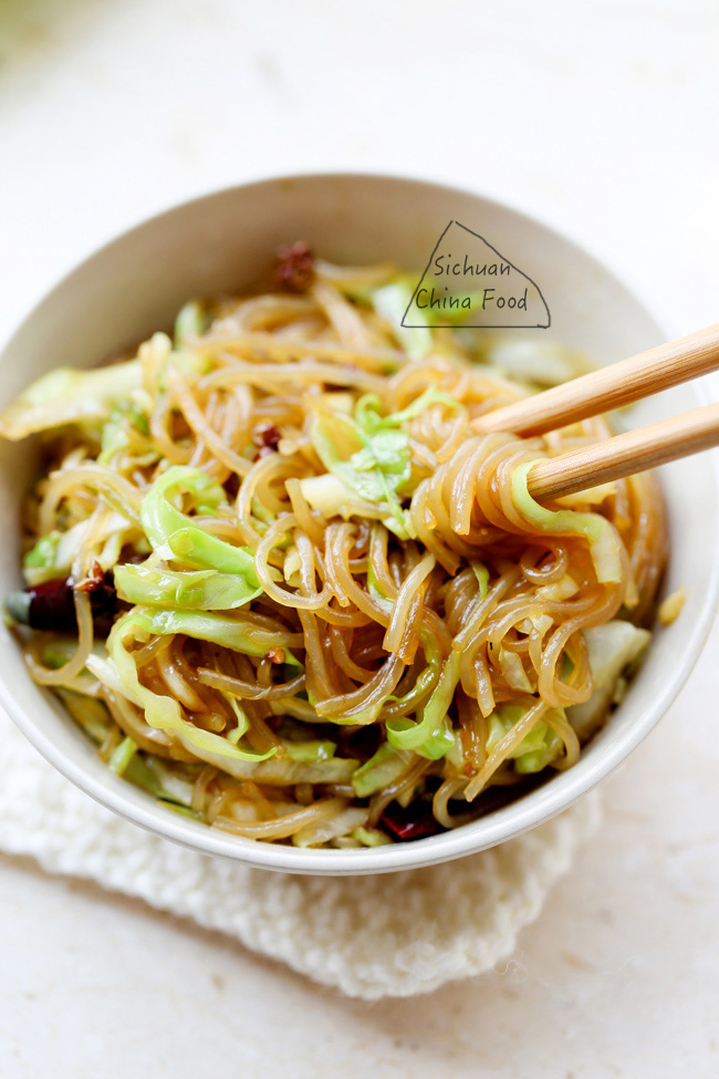 Glass Noodles Stir Fry with Shredded Cabbage China Sichuan Food
