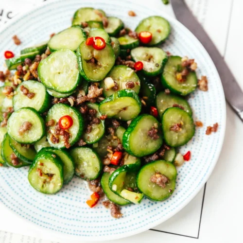 crispy cucumber and minced pork stir fry